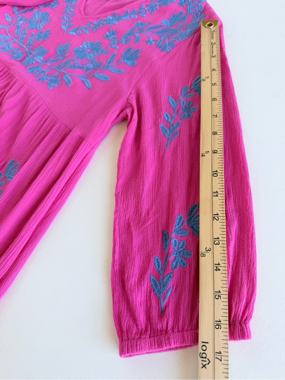 J.Marie Madeline Hot Pink Blue Embroidered Tiered Boho Mini Dress V-Neck M - Picture 7 of 12